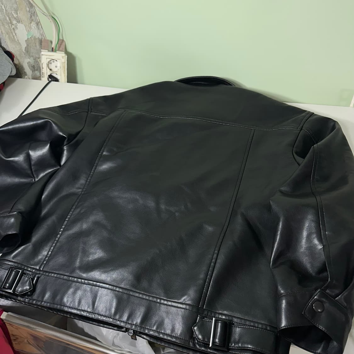 M 라퍼지스토어 블랙 오버핏 투웨이 카라넥 레더자켓 상품이미지4