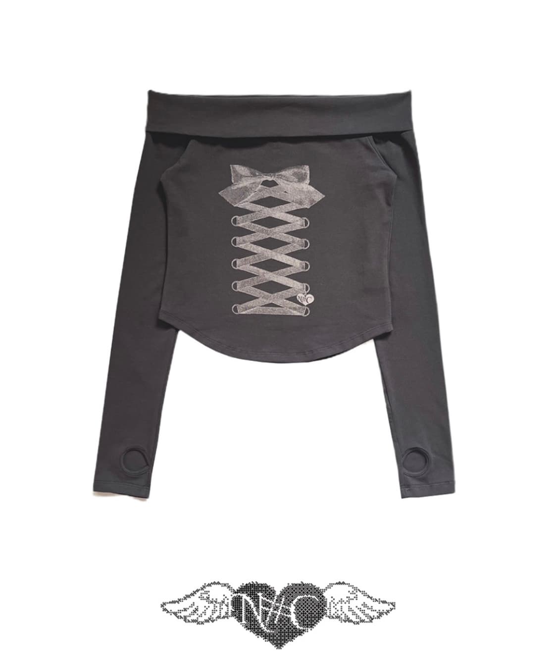 노피셜노피스 리본 오프숄더 탑-차콜 상품이미지1