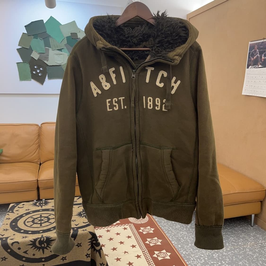 아베크롬비 울프죠 희귀 Y2K 카키 양털 후드집업 L C0869 상품이미지3