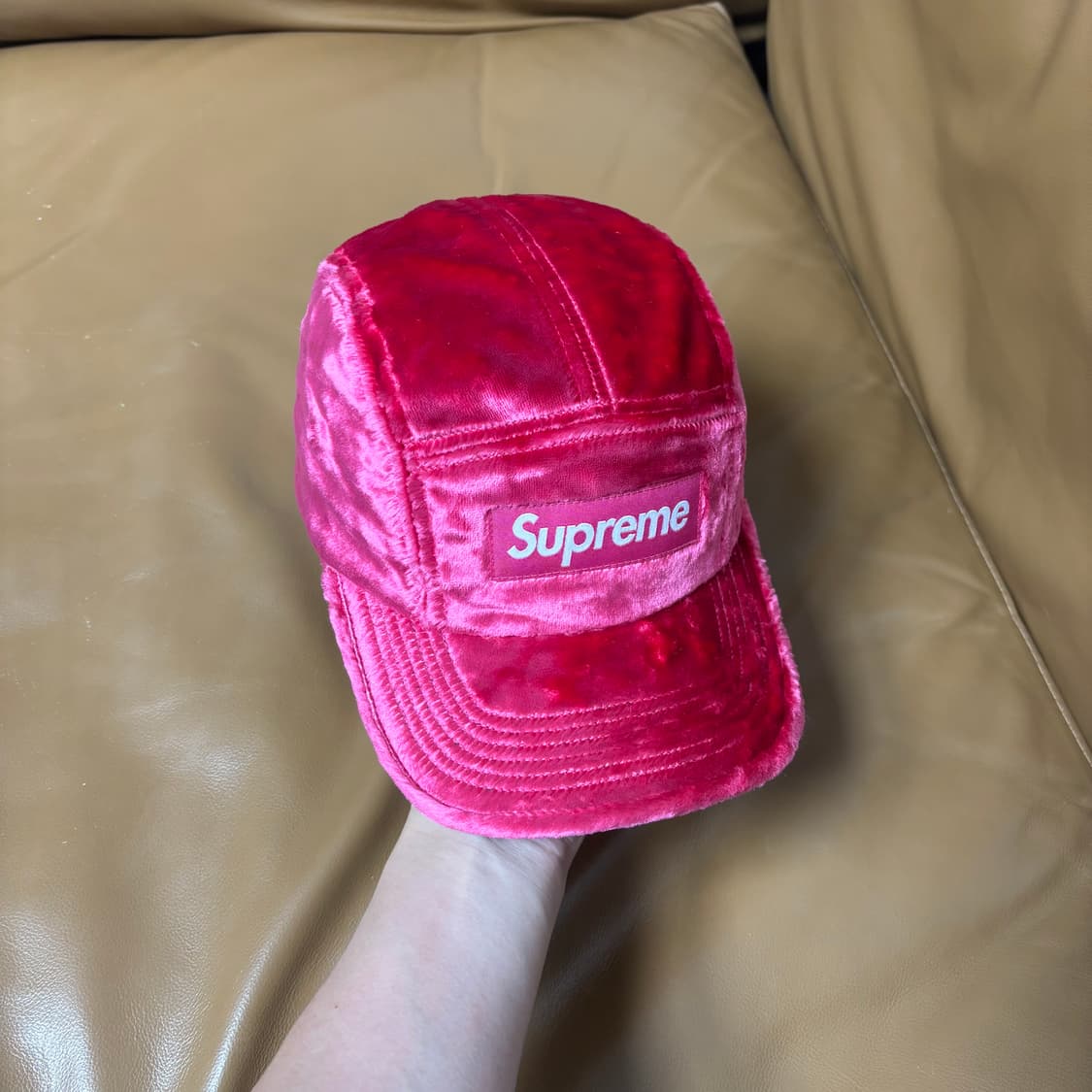 슈프림 캠프캡 모자 박스로고 크러쉬 벨벳 핑크 상품이미지2