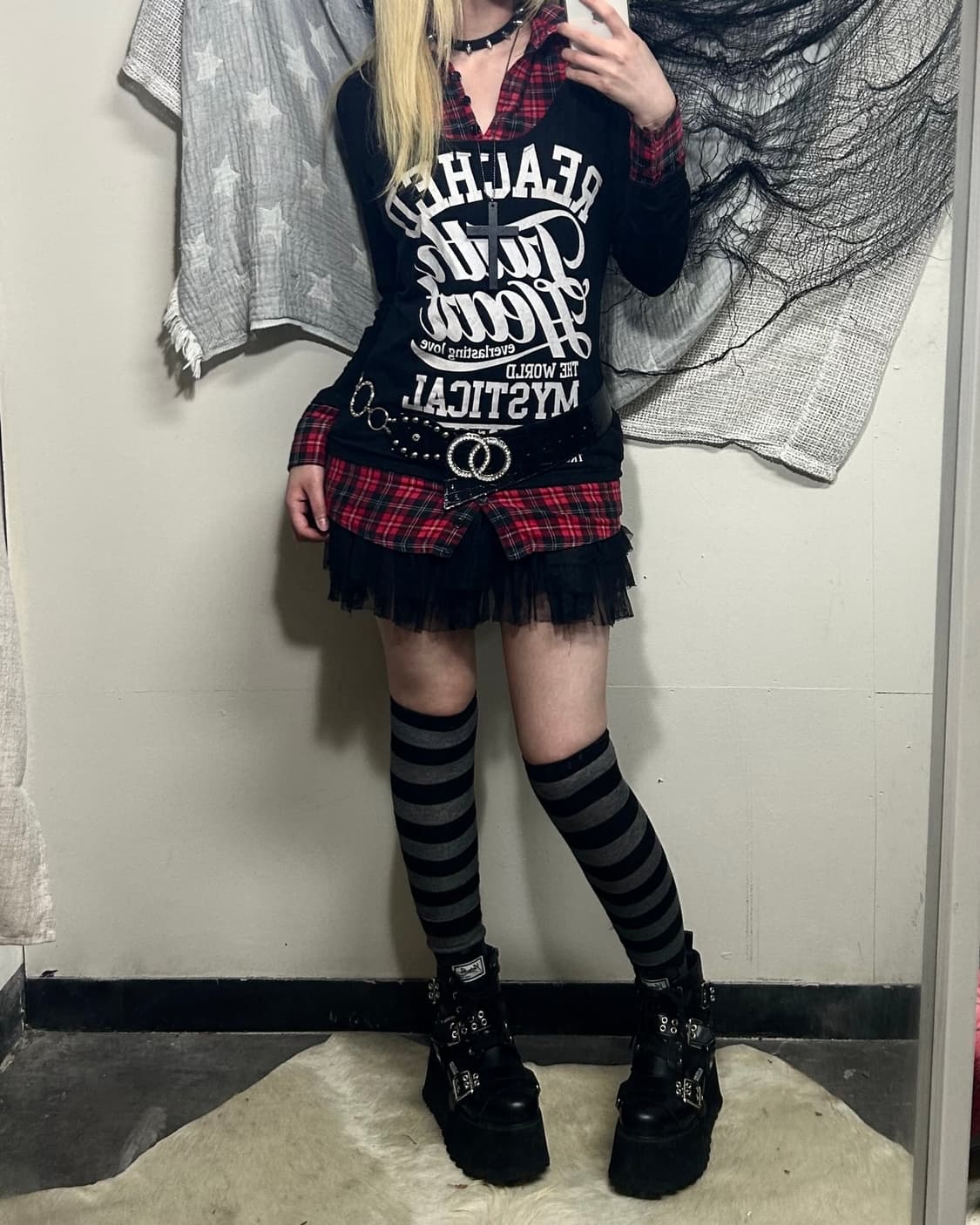 red check pattern layered punk top 상품이미지3
