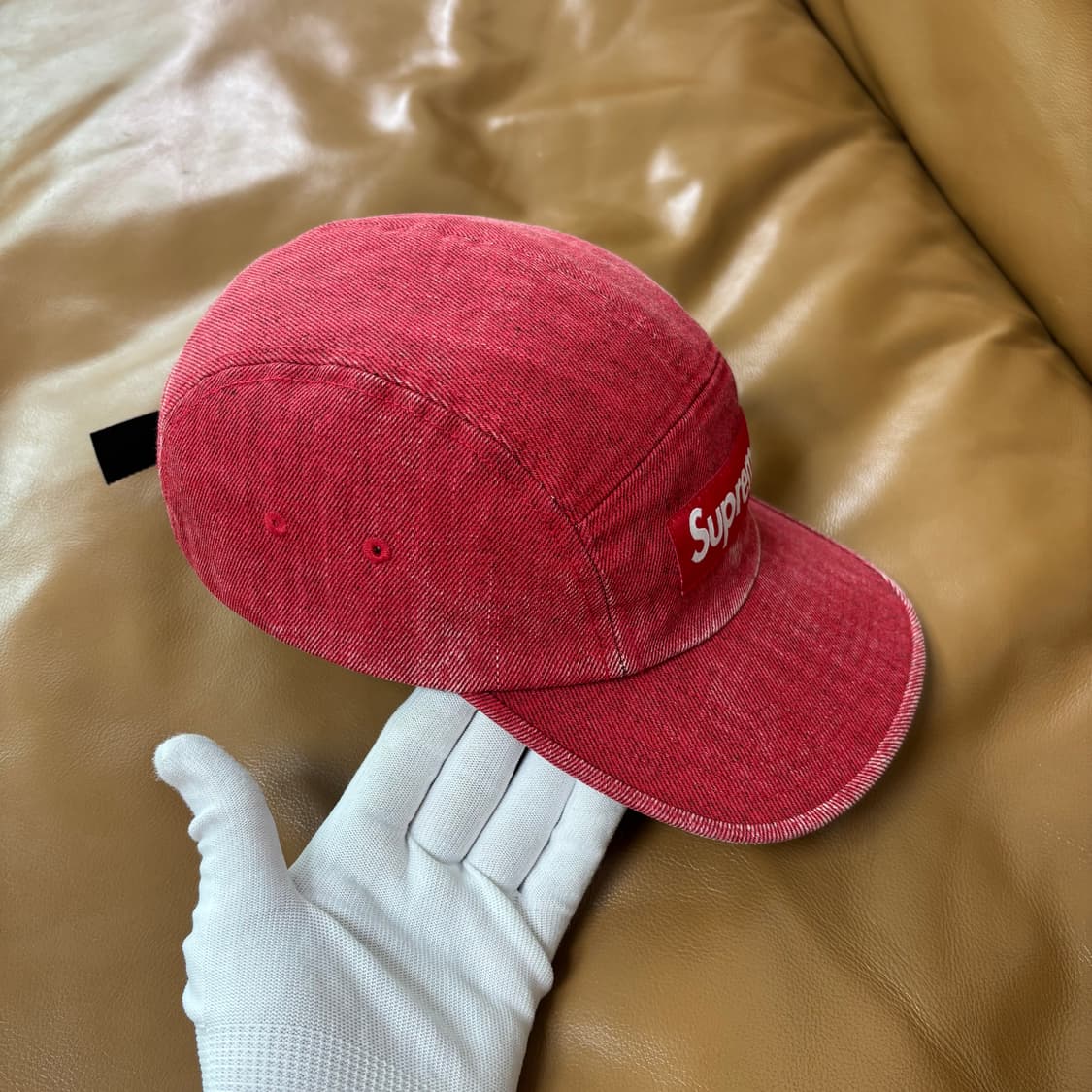 슈프림 캠프캡 모자 박스로고 워시드 데님 레드 상품이미지3