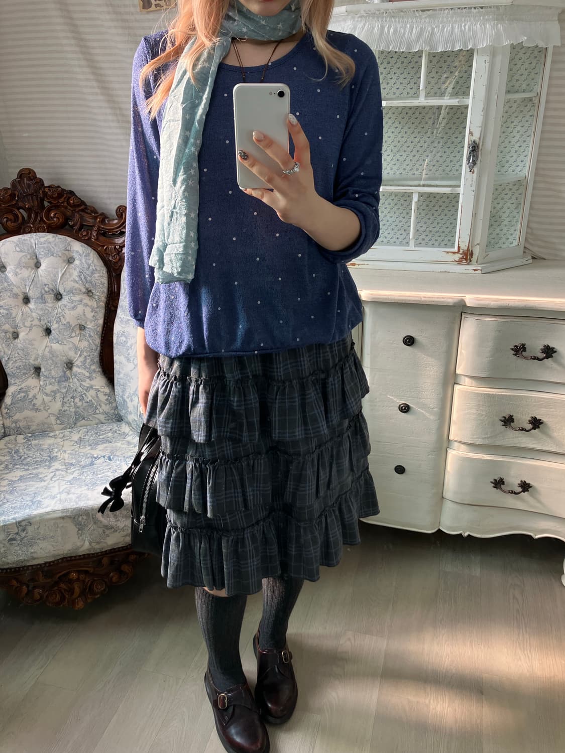 빈티지 체크 프릴 캉캉 미디스커트 상품이미지5