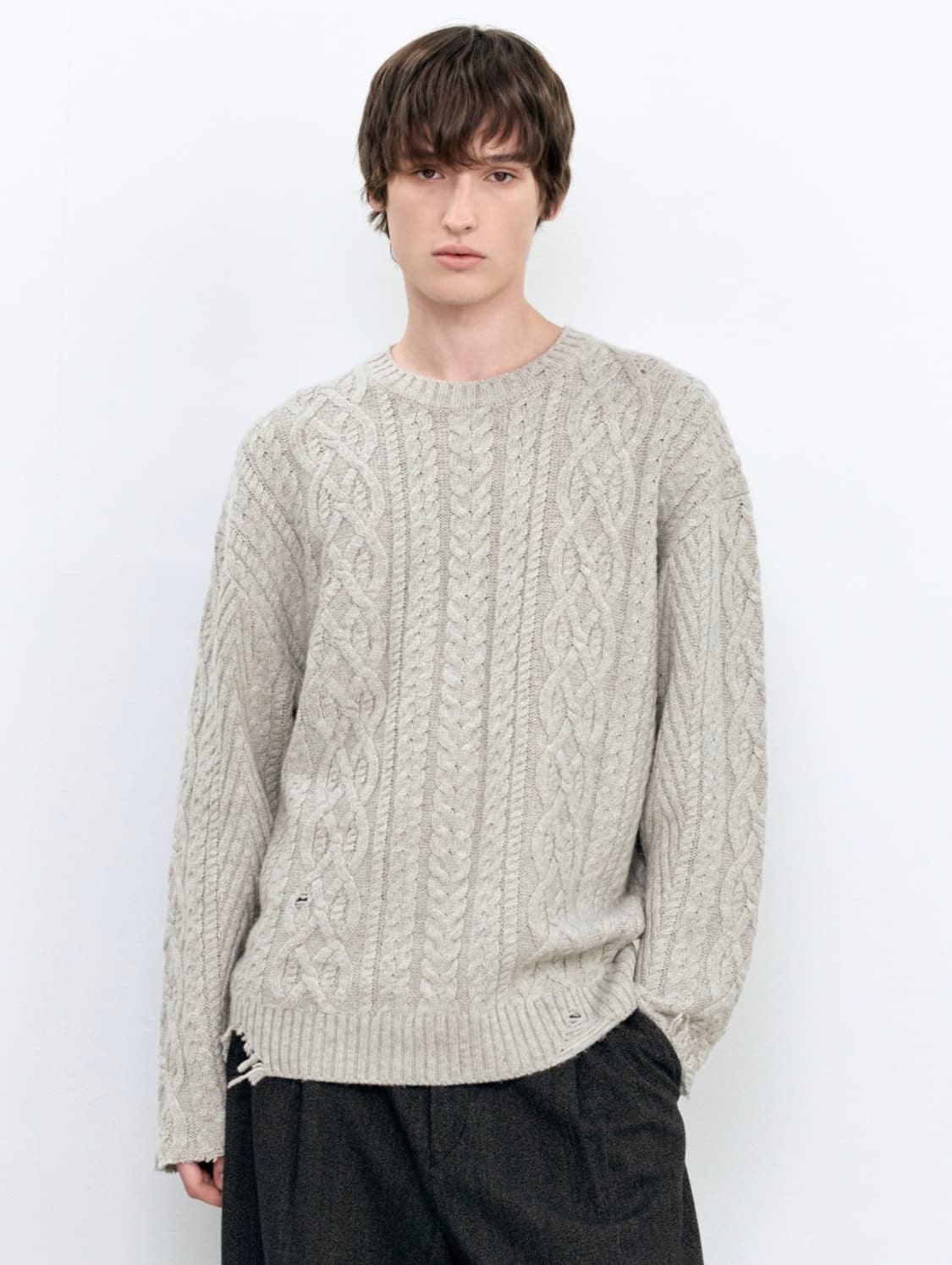 인사일런스 디스트레스드 케이블 니트 OATMEAL L사이즈 상품이미지4