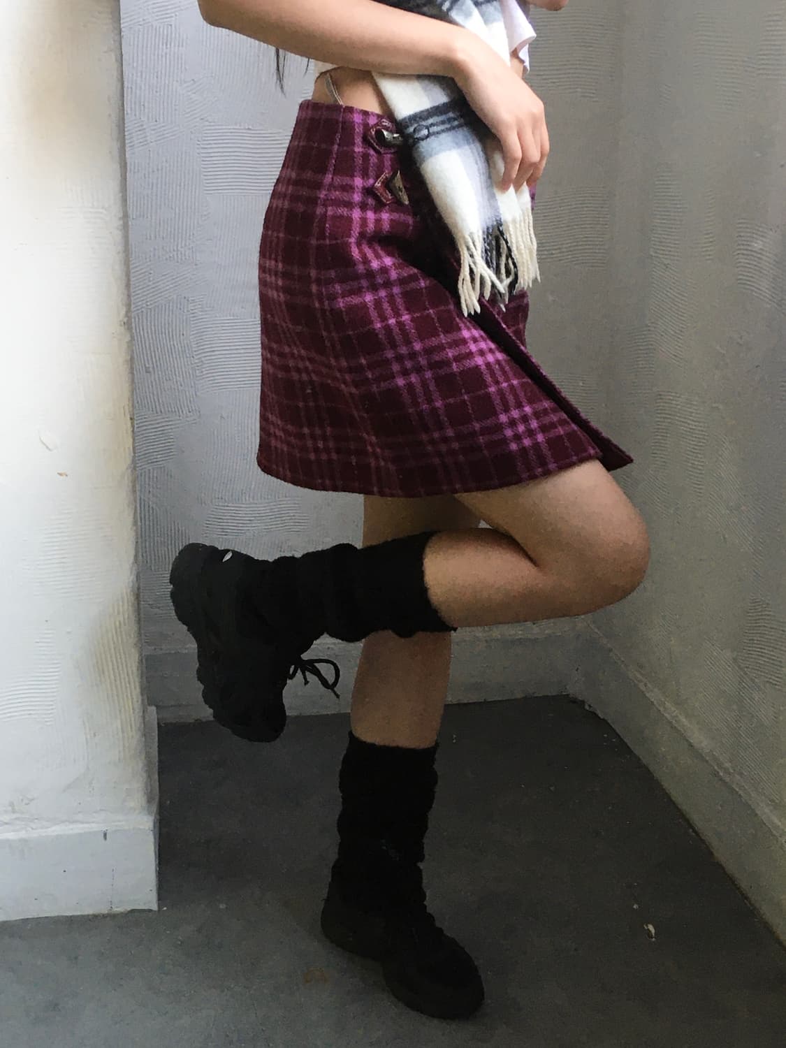 Burberry 버버리 블루 라벨 퍼플 체크 울 랩스커트  상품이미지4