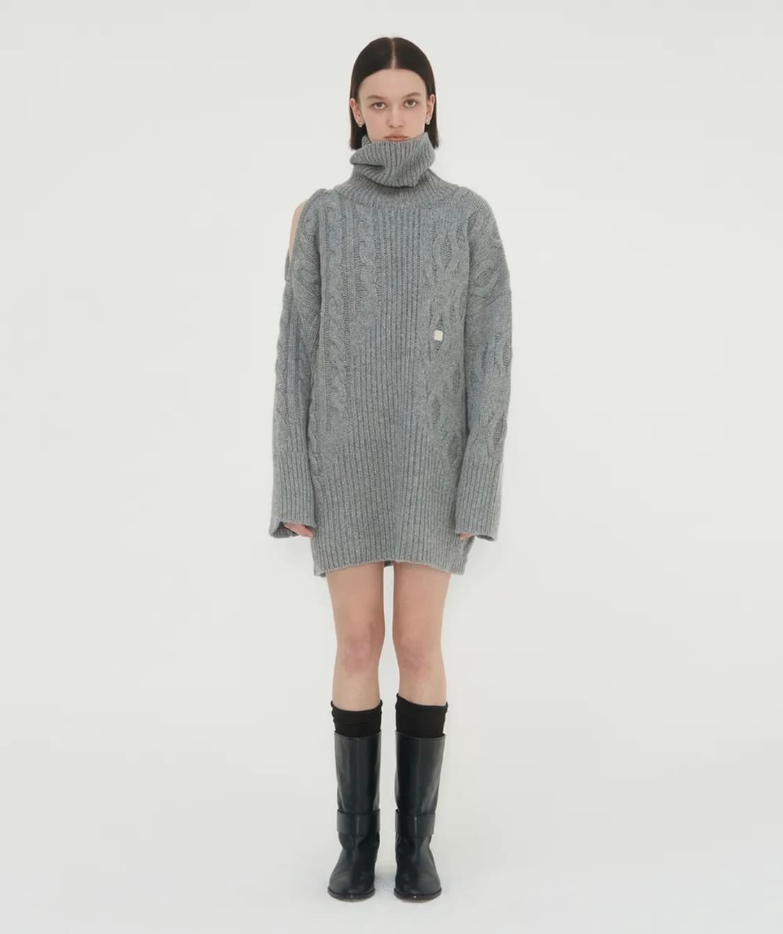 트리밍버드 원숄더 오픈 텍스처 니트 원피스 (블랙) 상품이미지1