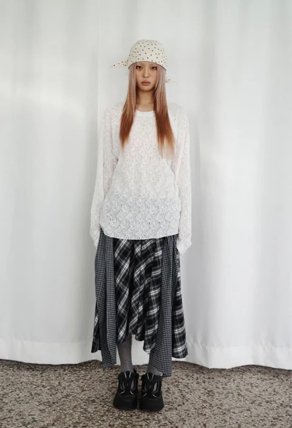 쿠키시 체크 타이 배색 스커트 (블랙) 상품이미지1