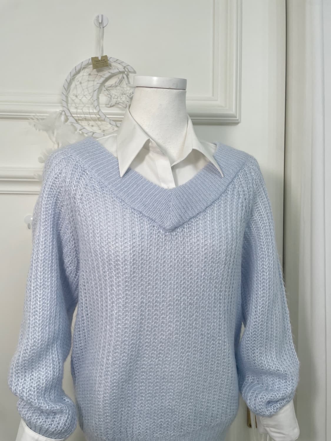 sheer blue v-neck waffle sweater&white l 상품이미지5