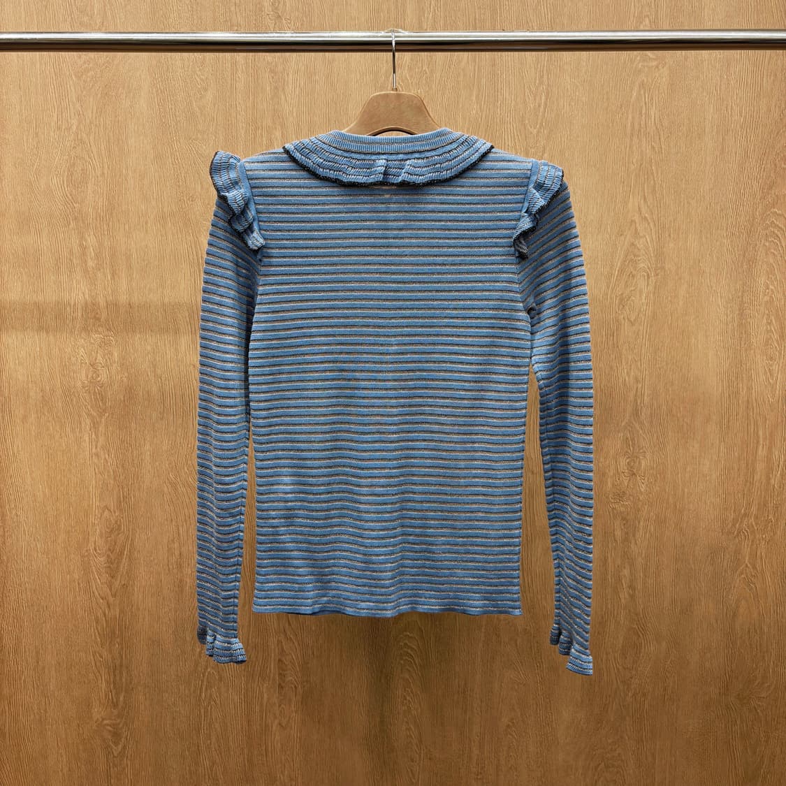 소니아 리키엘 라운드넥 니트 가디건 러플 골드 스트라이프 디테일 블루 상품이미지3