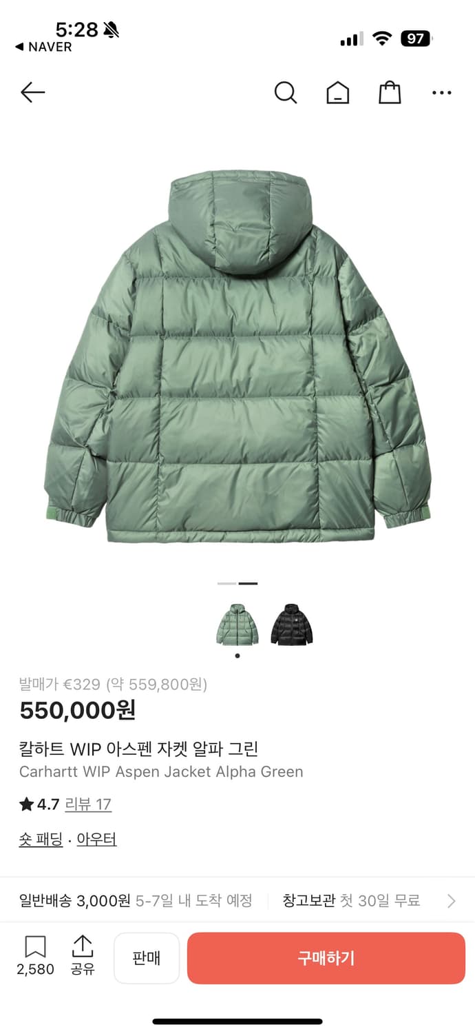 칼하트 패딩 아스펜자켓 알파 그린 상품이미지2