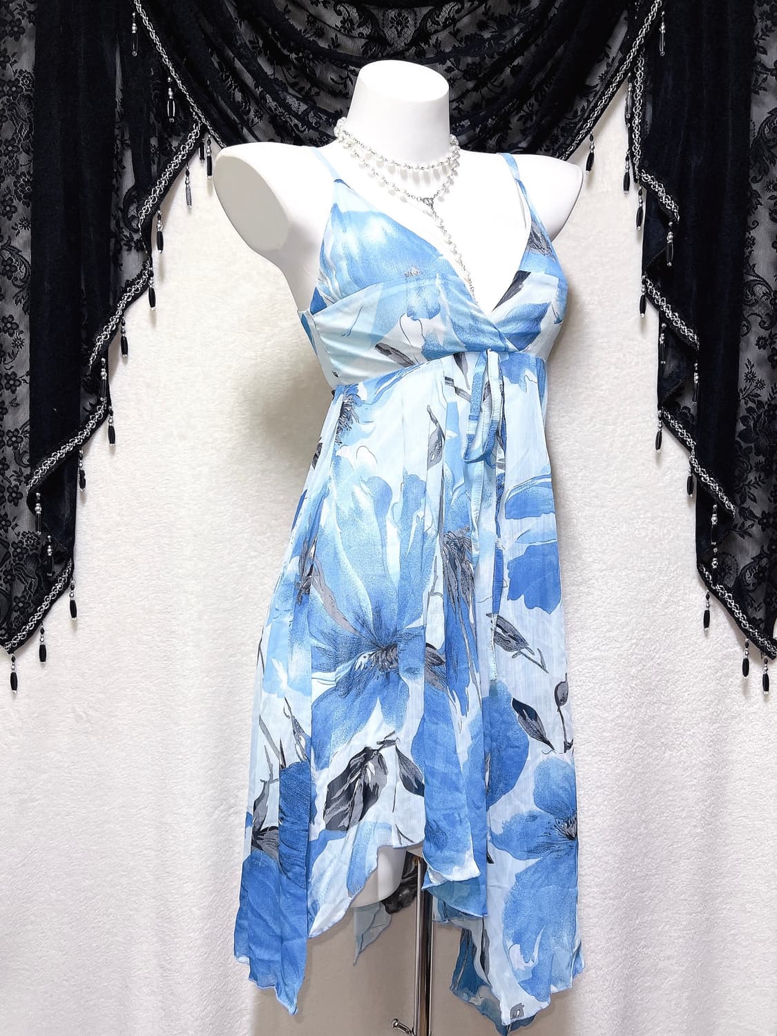 블루 오리엔탈 페어리 플라워 쉬폰 언발 미니원피스 하와이안 갸루 핀터 상품이미지3