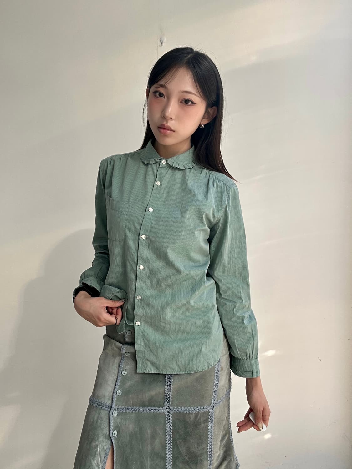 마가렛호웰 민트 스트라이프 프릴 긴팔 셔츠 상품이미지1