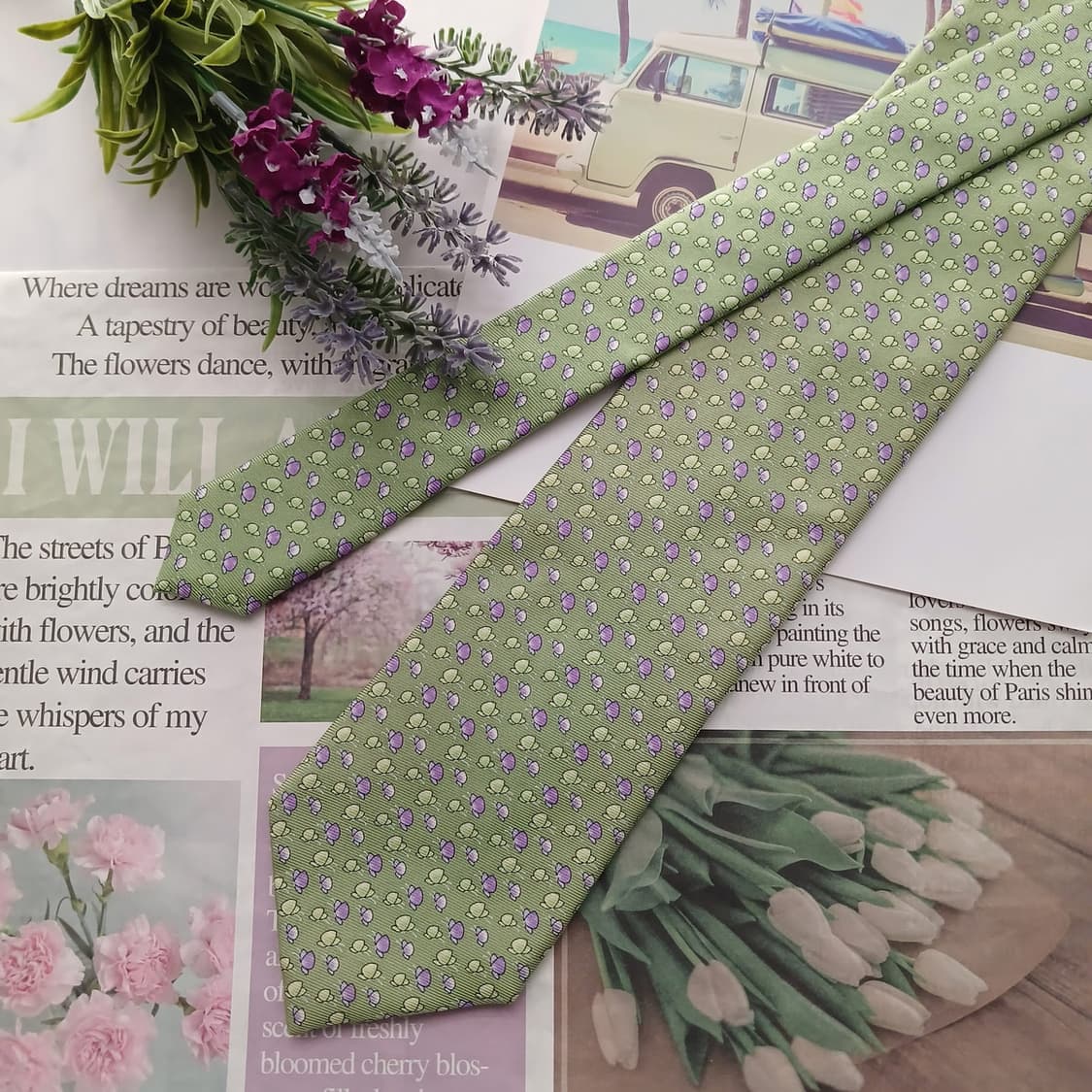 루이까또즈 실크 그린 플로럴 패턴 넥타이 8.6cm A+등급 A18752 상품이미지3