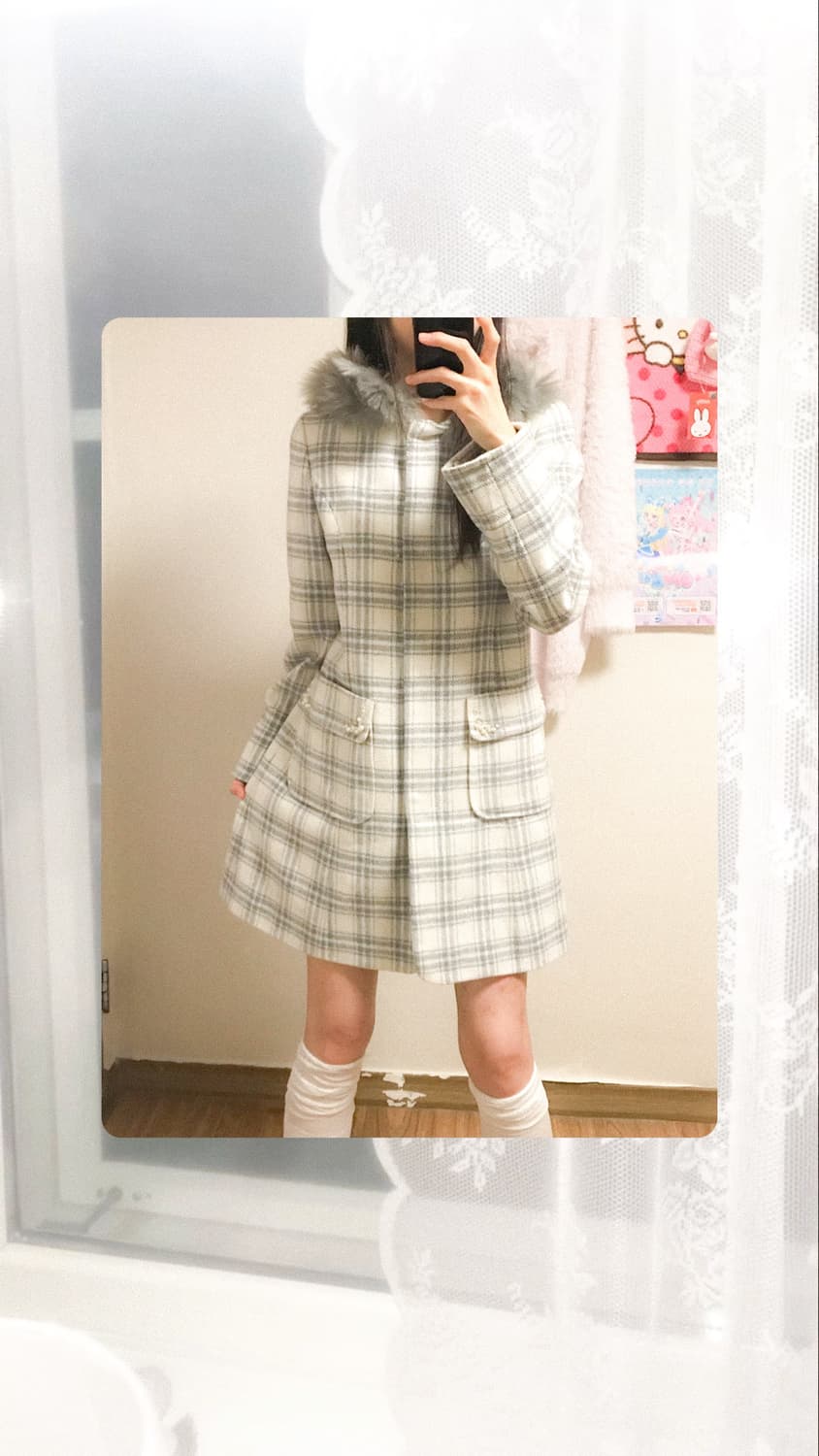 빈티지 퍼 후드 보석 체크 코트 히메갸루 로걀 달천깔 공겜여주 헤이세이 상품이미지1