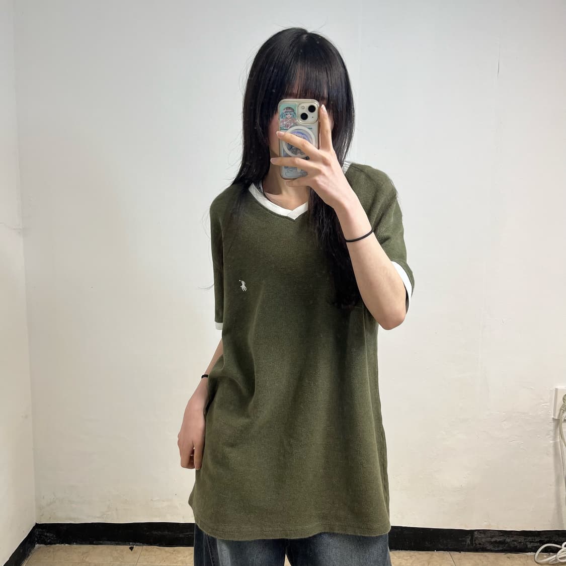 Polo khaki V-neck waffle knit tee 상품이미지1