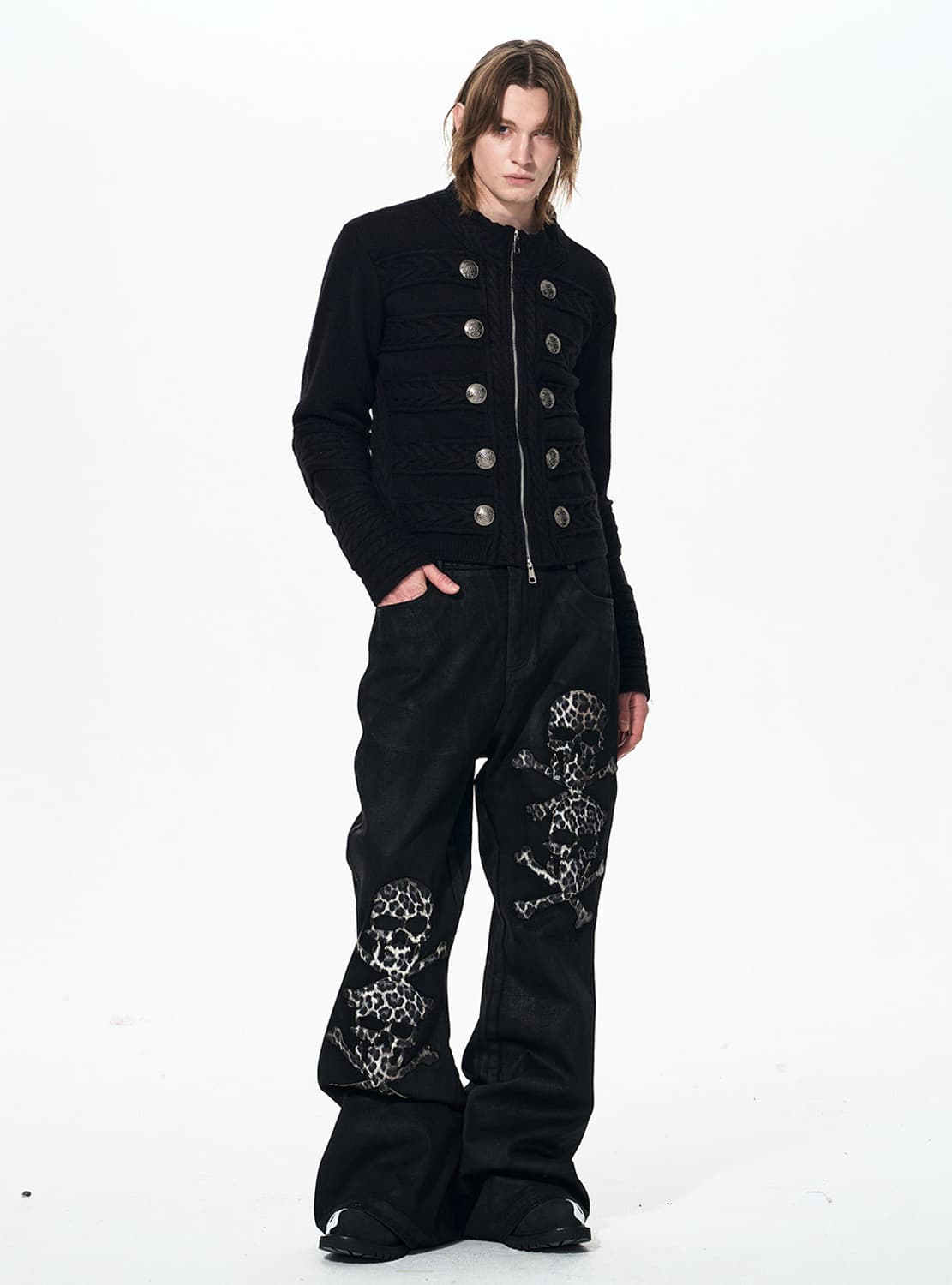 Skull Appliqué Waxed Flared Jeans 상품이미지5