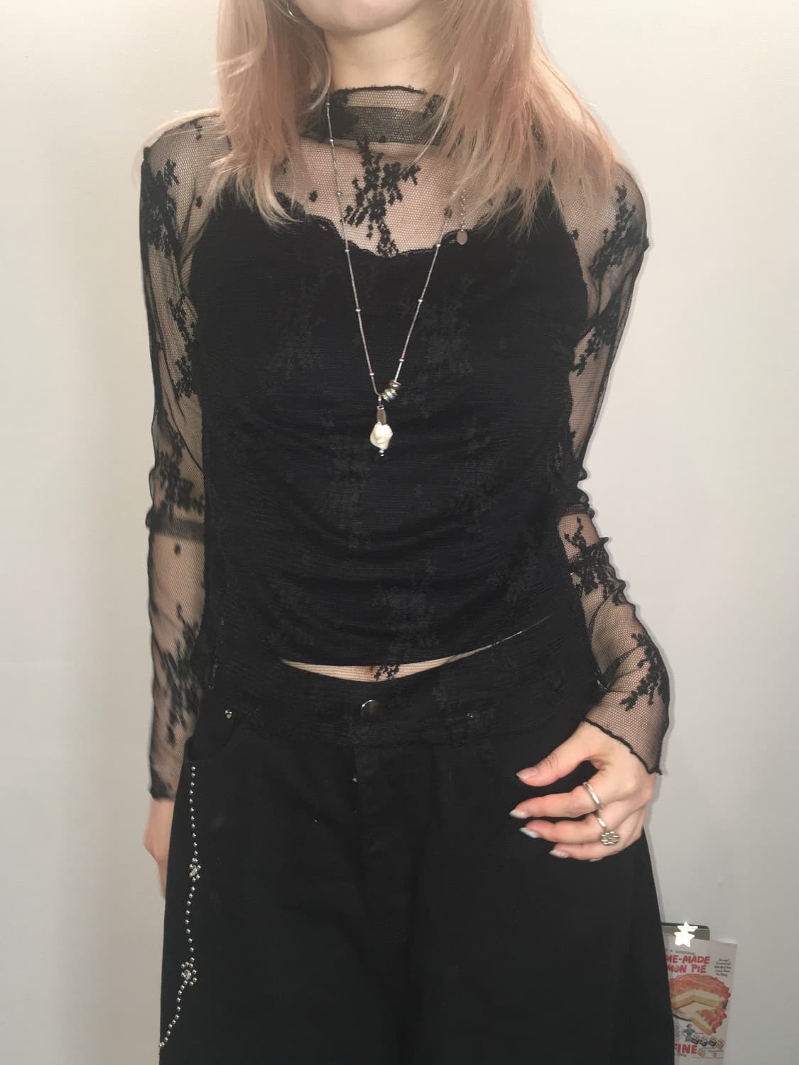 jpn vintage 블랙 시스루 레이스 블라우스 상품이미지2