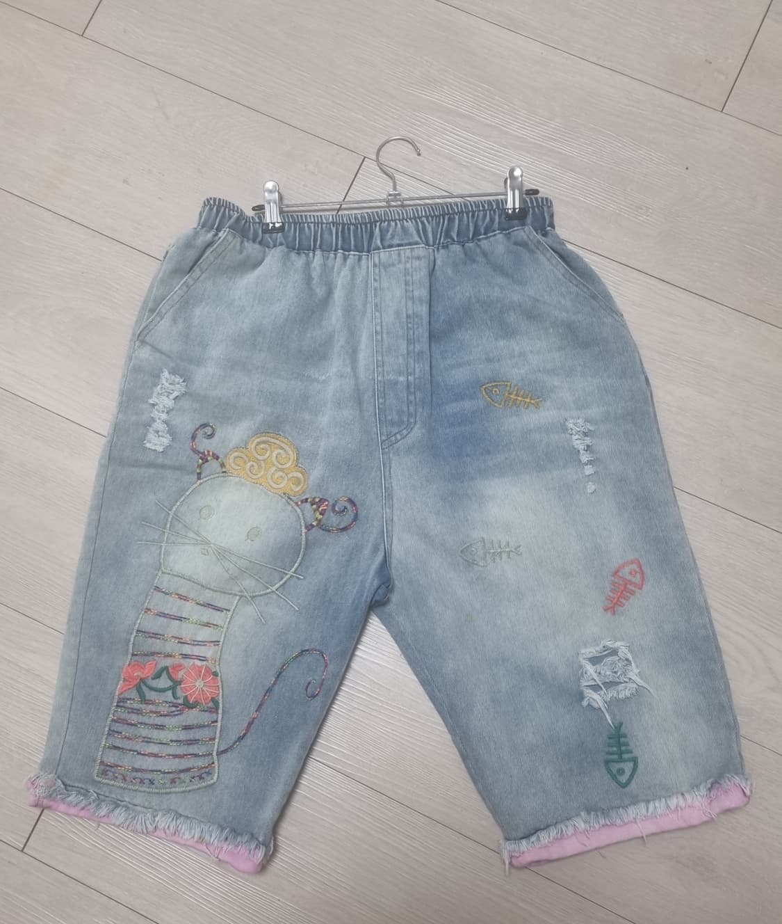 빈티지 자수 데님 연청 반바지 상품이미지2