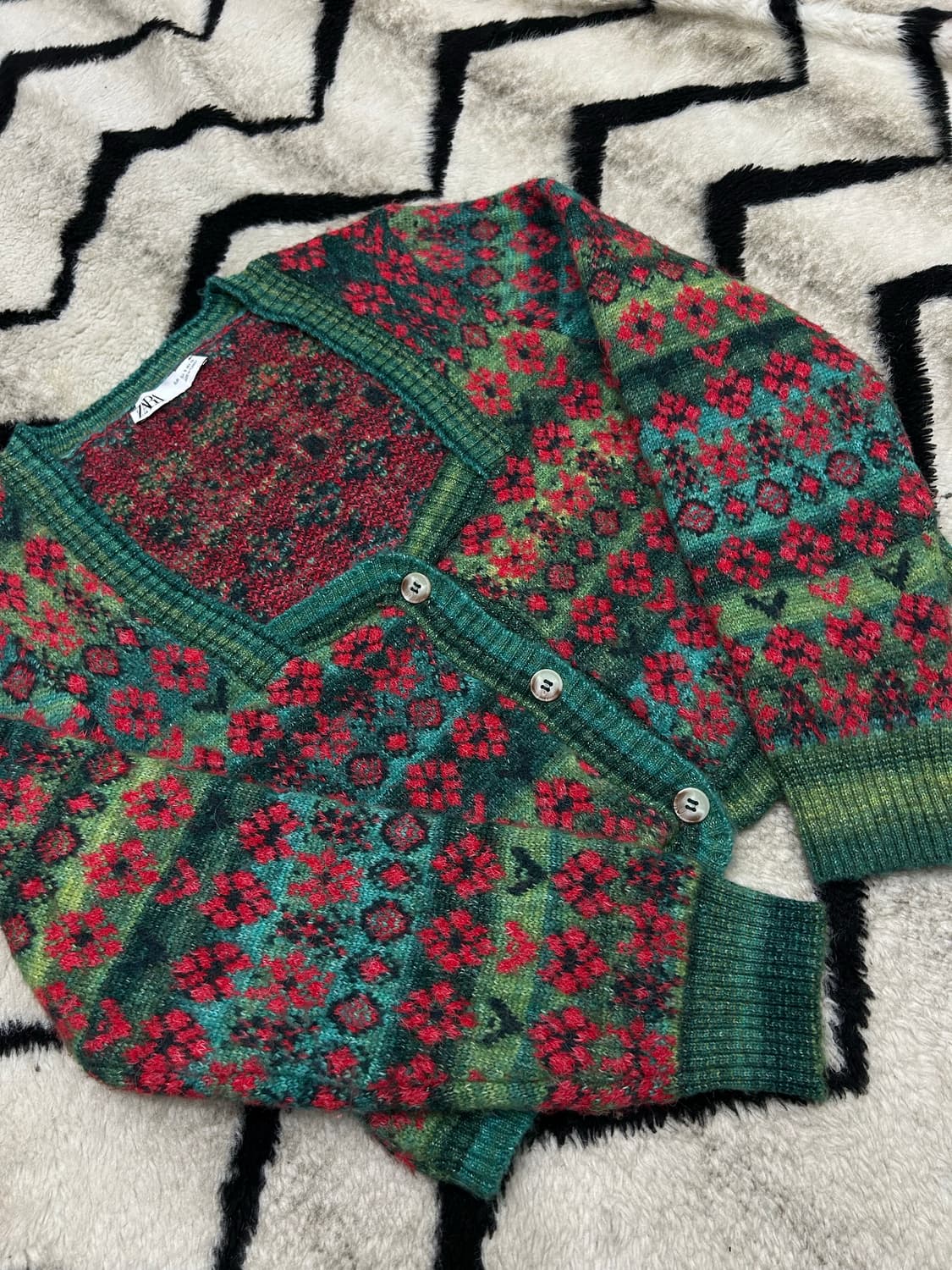 [M]ZARA 스퀘어넥 크롭 자카드 플라워 패턴 니트 가디건 상품이미지2