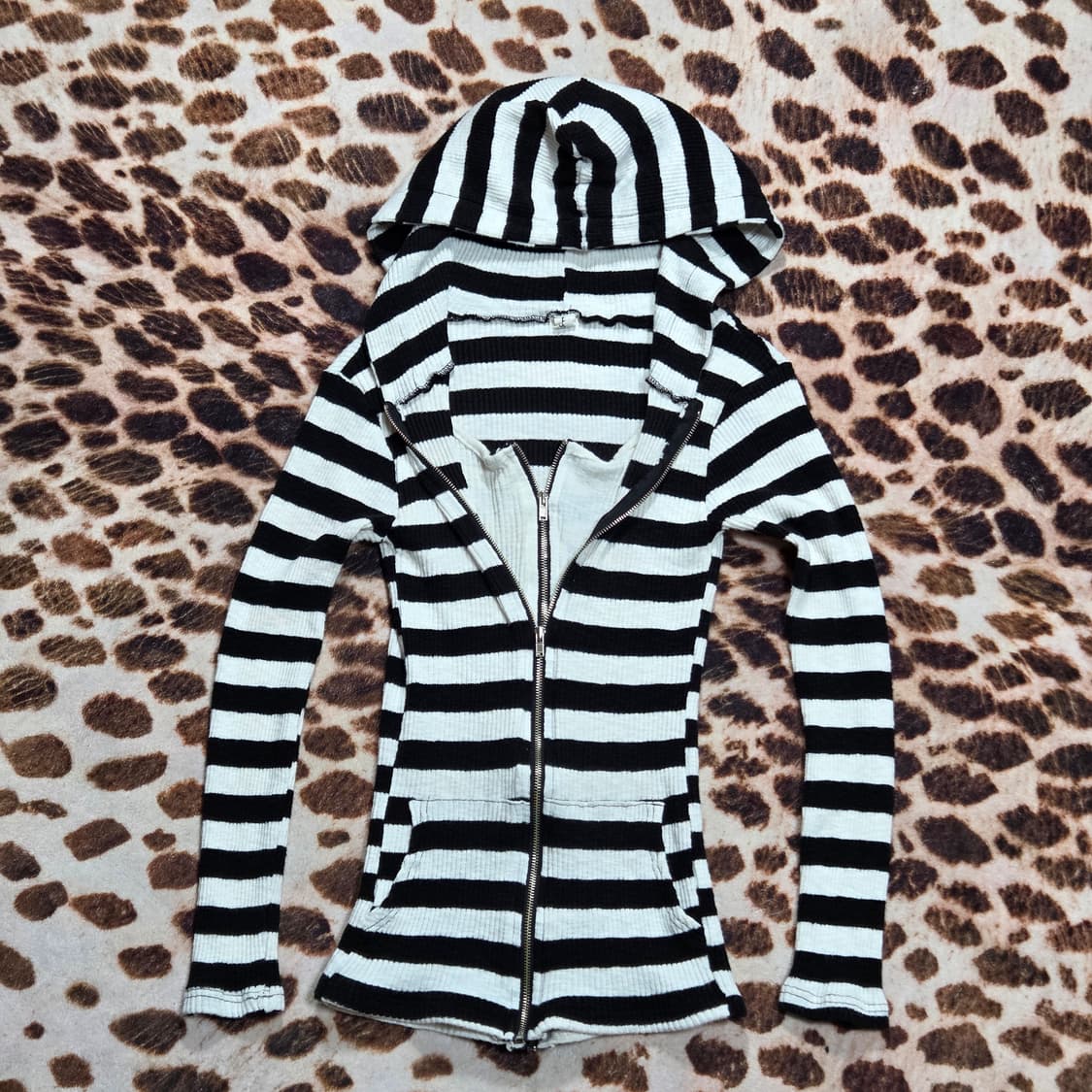 골지 스트라이프 레이어드 니트 후드집업 상품이미지2