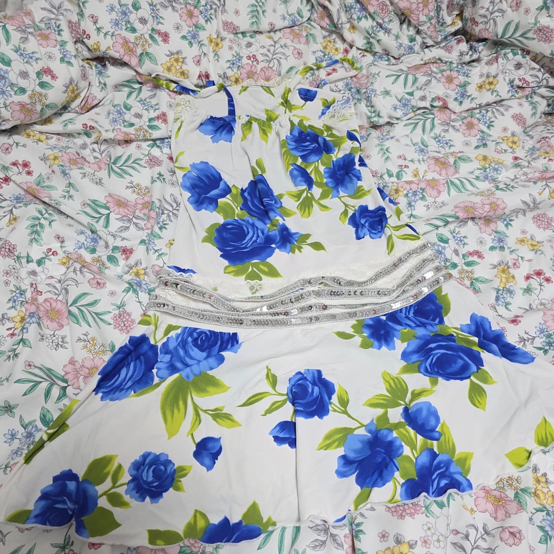 일본빈티지)페어리 블루로즈st 여름모리걸 플로럴 레이스 셔링 원피스 상품이미지4