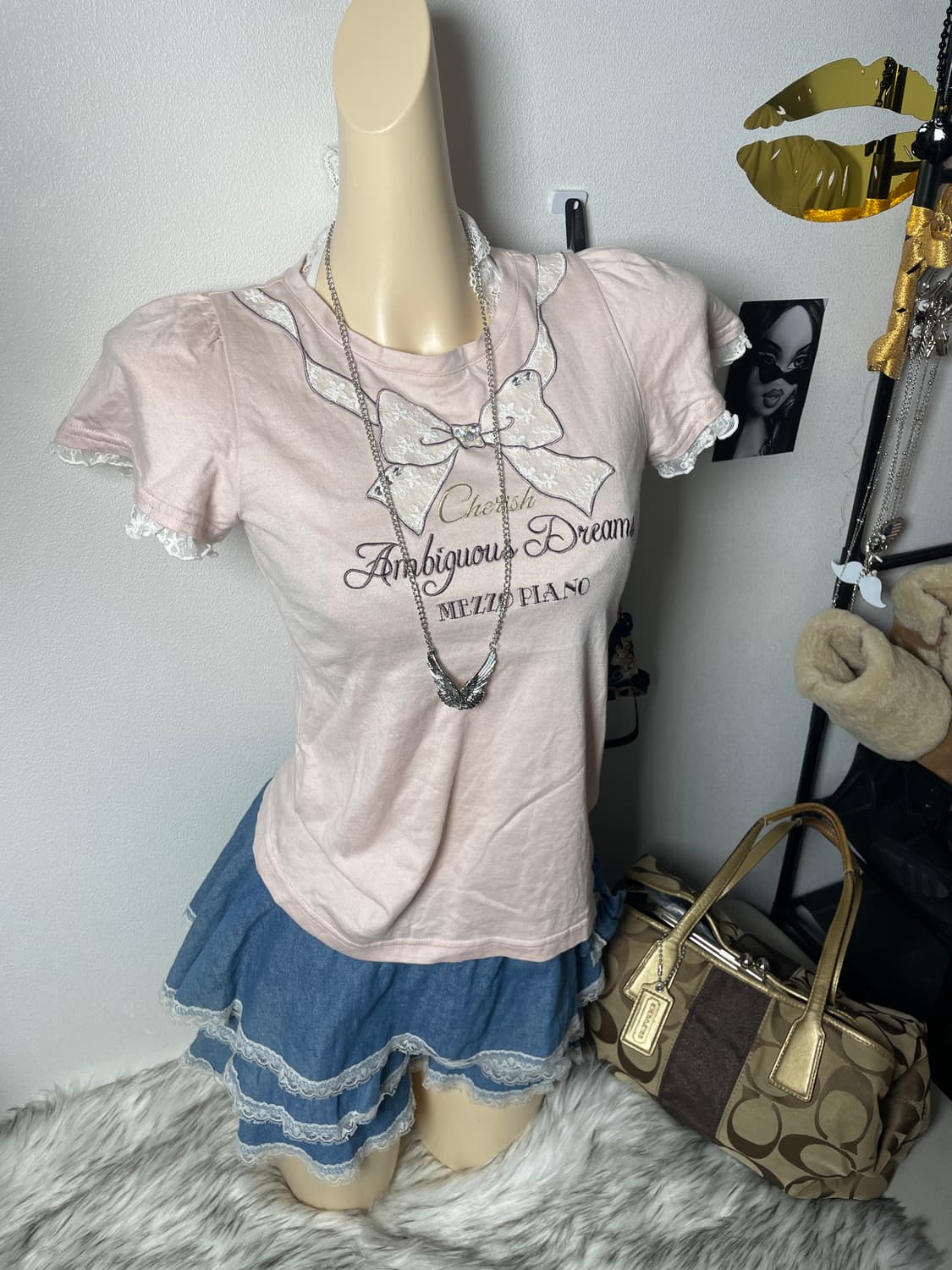 빈티지 리본 연핑크 반팔 티셔츠 상품이미지1