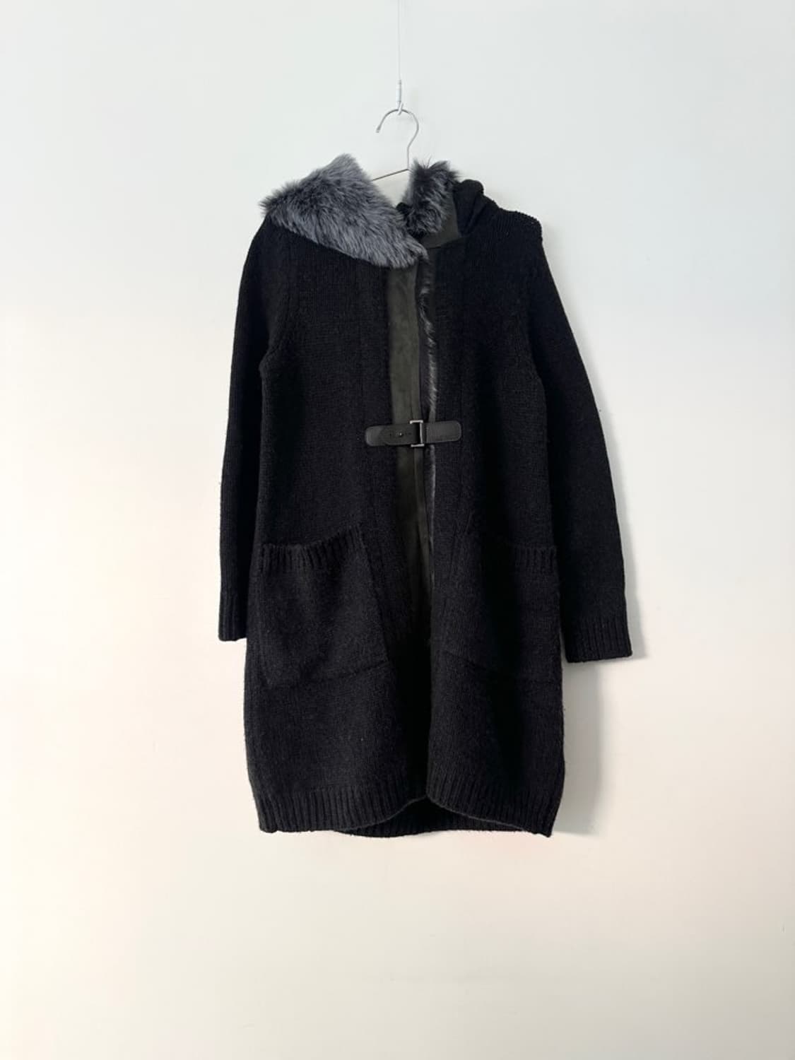 Leather mix buckle hoody cardigan / navy 상품이미지1