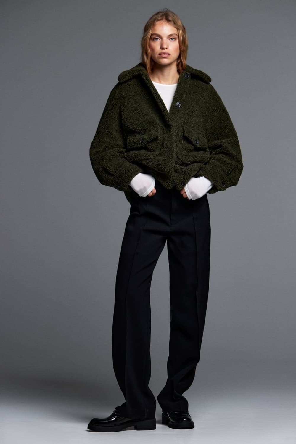 자라 시어링 쉐르파 뽀글이 포켓 오버핏 카키 에코 퍼 자켓 L 상품이미지3