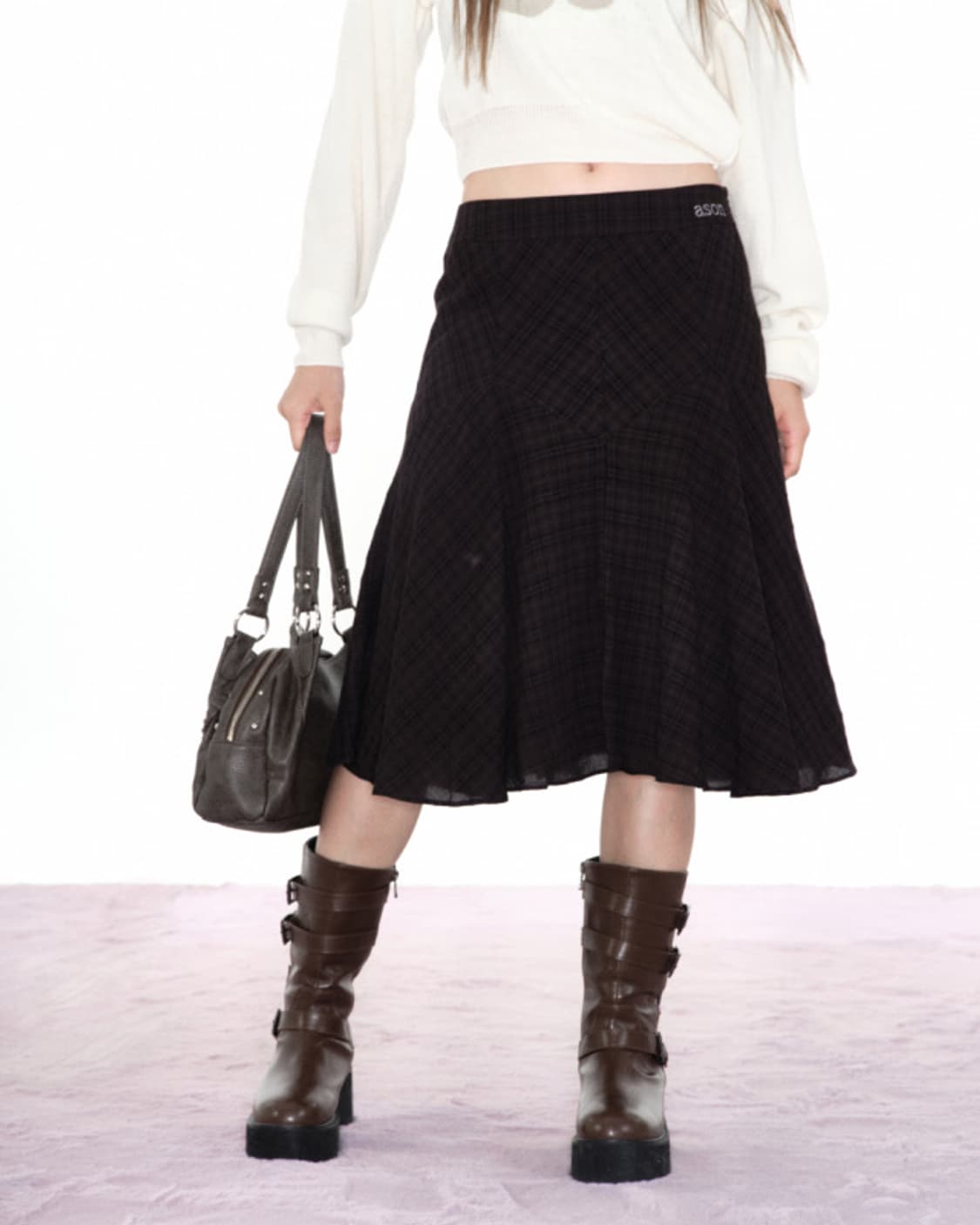 애즈온 런던 체크 미디 스커트 블랙 상품이미지2