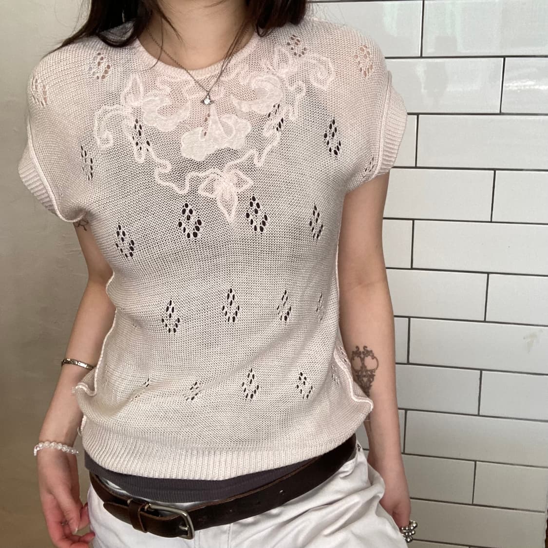 빈티지 연핑크 반팔 니트티 상품이미지1