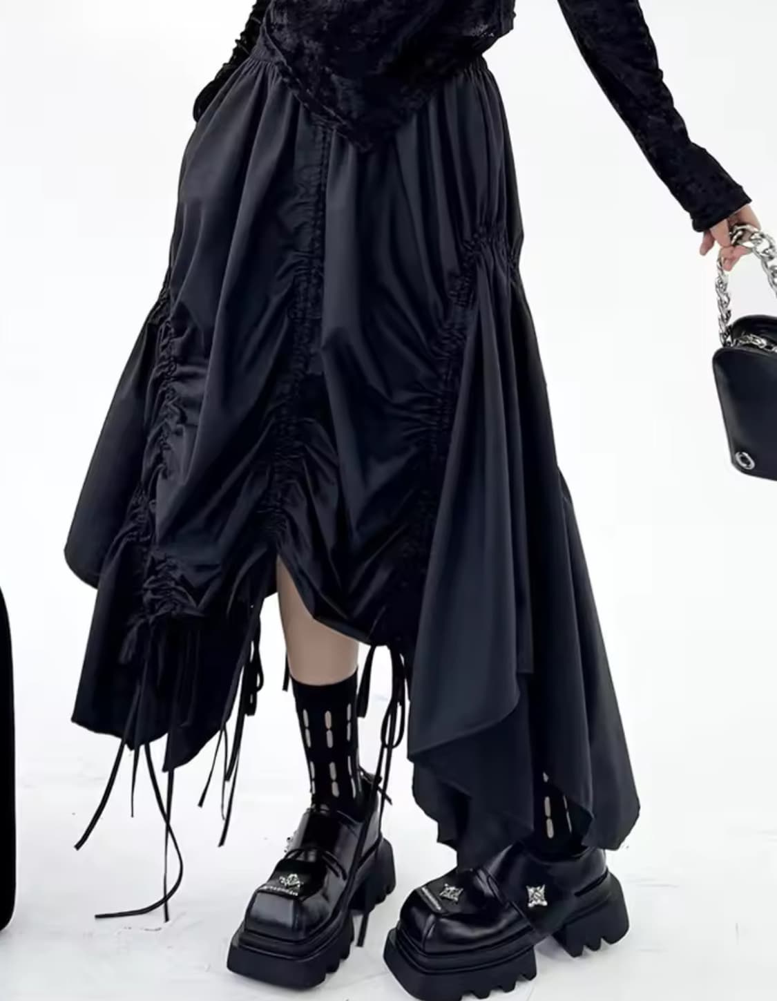 언발란스 드로스트링 드레이핑 롱 스커트 블랙  상품이미지3