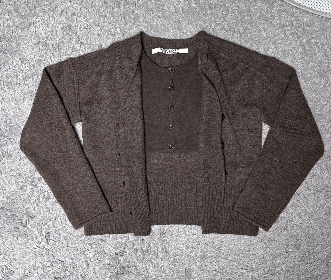퍼버즈 twin layered knit cardigan brown OS 상품이미지3