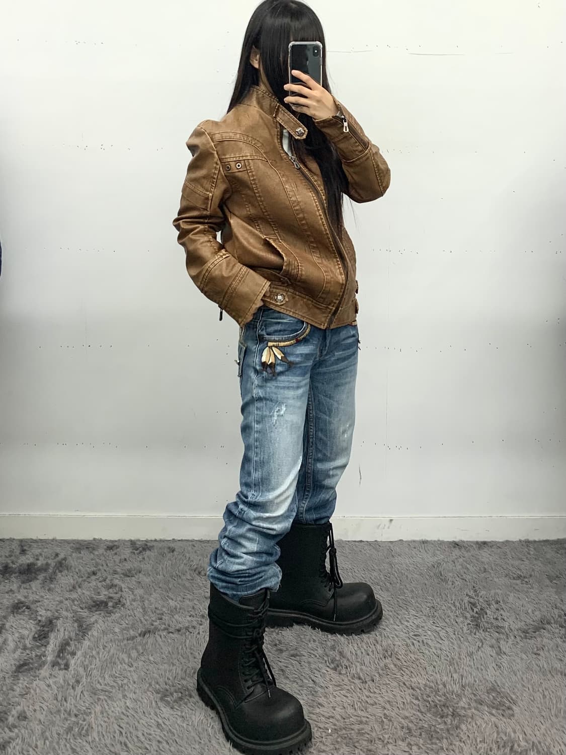 브라운 큐빅 디테일 레더자켓 상품이미지2