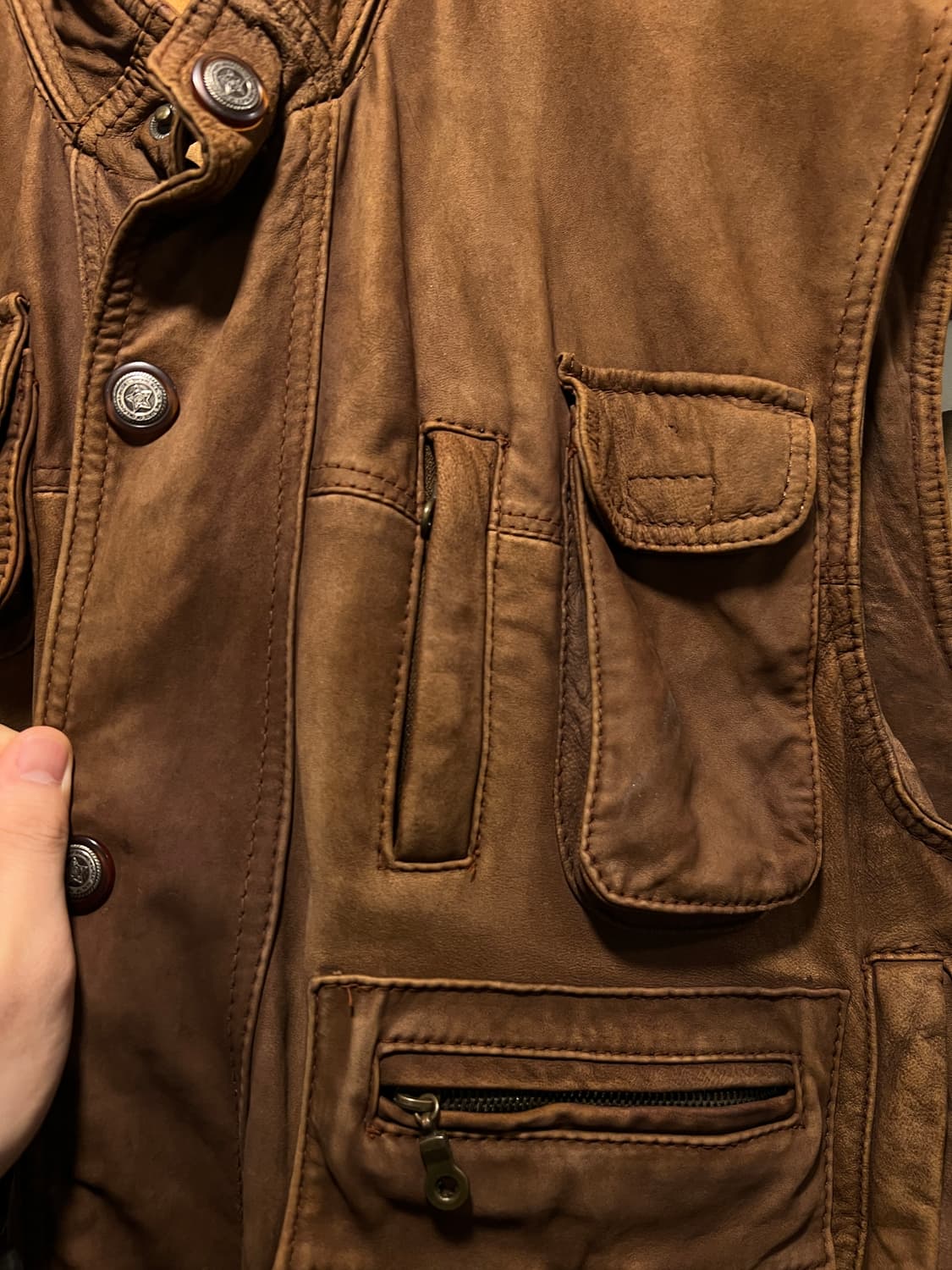 [L]90's USA 빈티지 브라운 리얼레더 멀티포켓 헌팅 베스트 상품이미지3