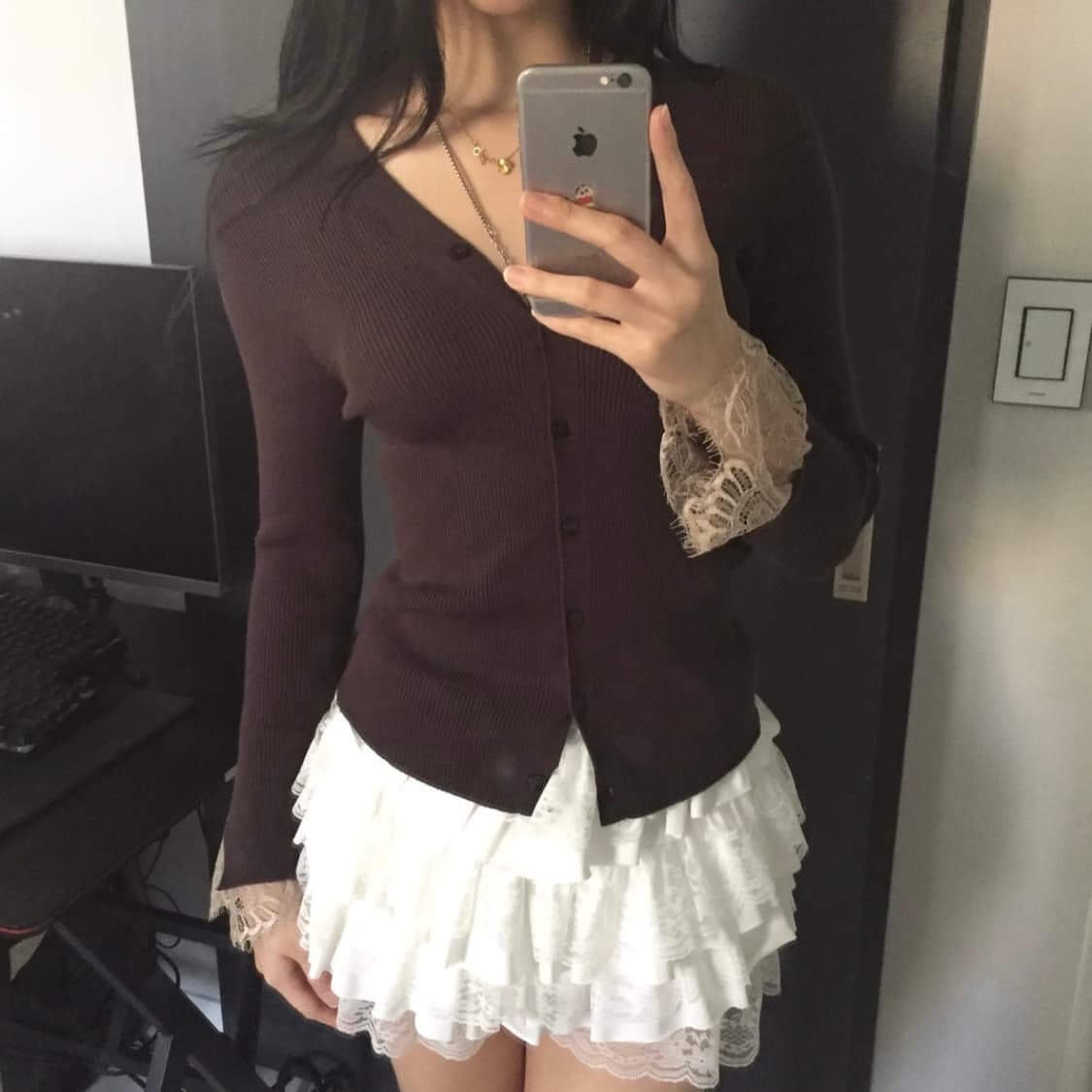 Ketty 케티 라떼갸루 브라운 레이스 슬림핏 가디건 상품이미지1