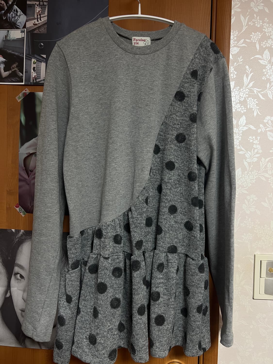 도트 배색 프릴 롱 레이어드 티셔츠 상품이미지2