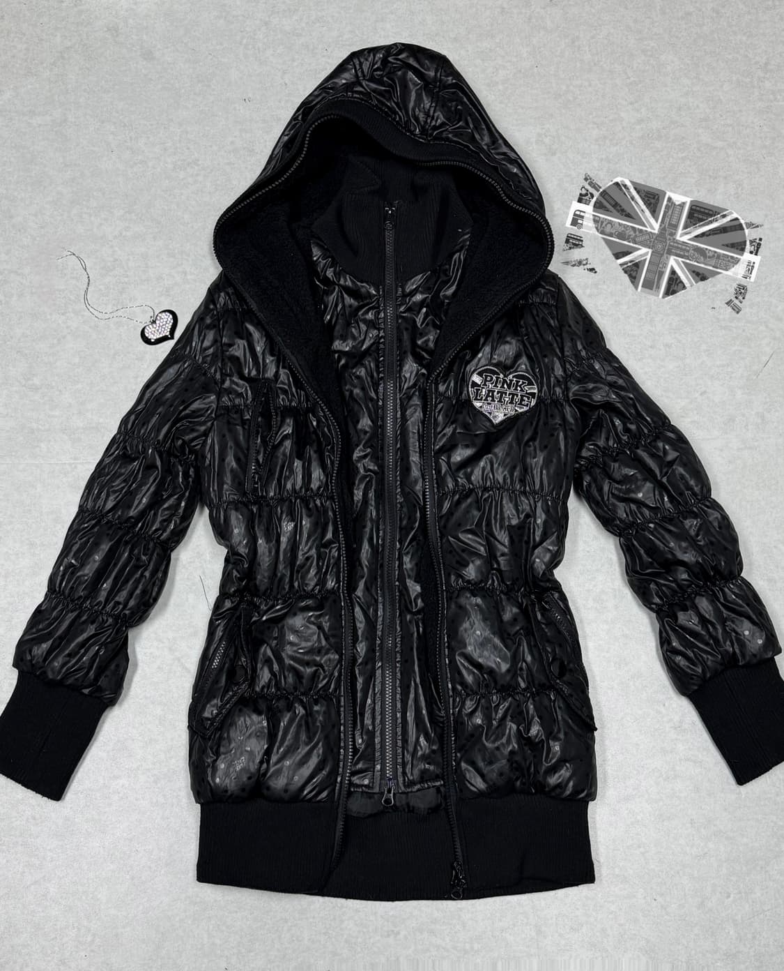 갸루 블랙 유니언잭 도트 패딩 상품이미지1