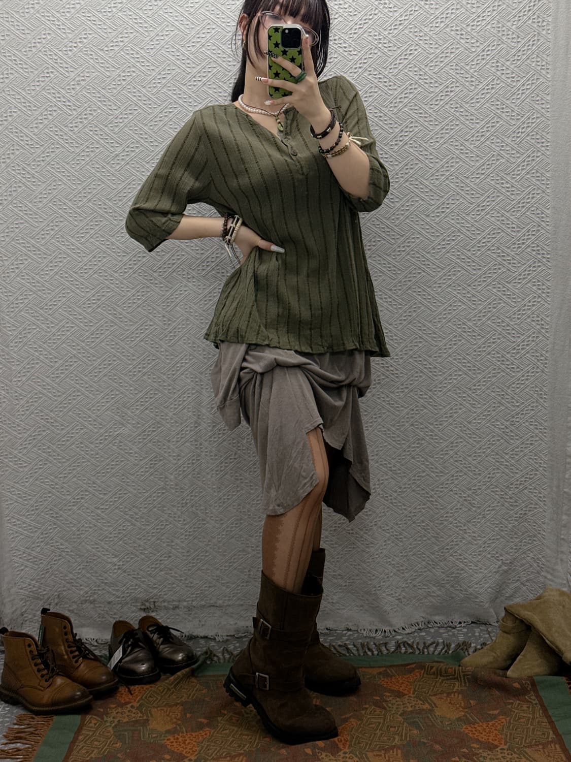 빈티지 여리핏 컨트리 스트라이프 말차카키 미디 슬리브 티 K0030 상품이미지2