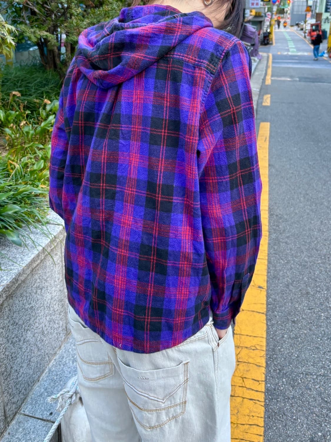 90s LL BEAN 퍼플 타탄체크 후드셔츠 상품이미지3