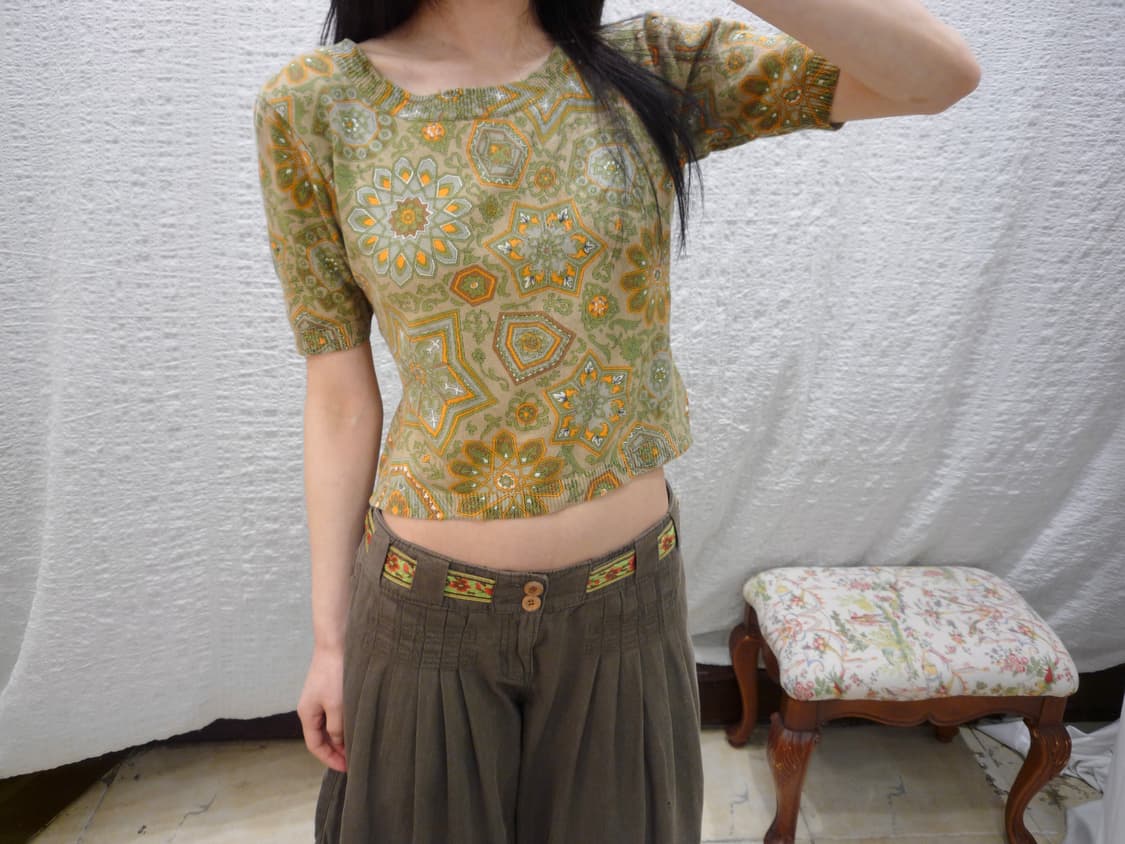 Vintage pattern crop knit top 상품이미지1