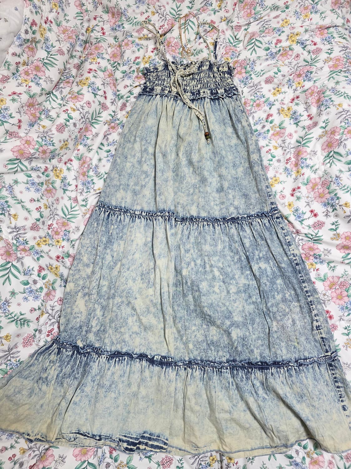 일본빈티지)워싱 청데님st 하구미모리걸 로맨틱 패치워크 아일렛 끈원피스 상품이미지2