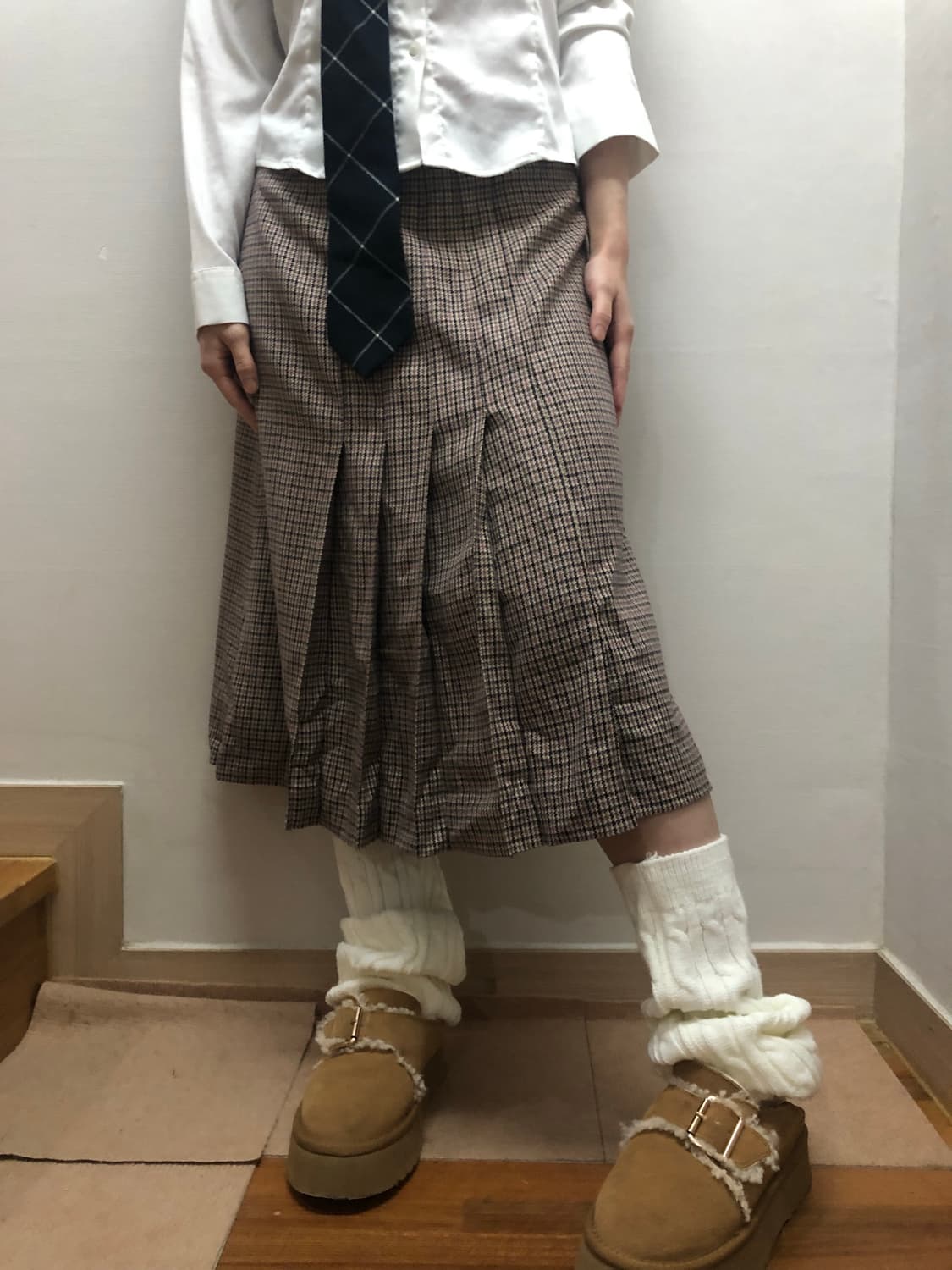 빈티지 브라운 핑크 체크 울 스커트 상품이미지2
