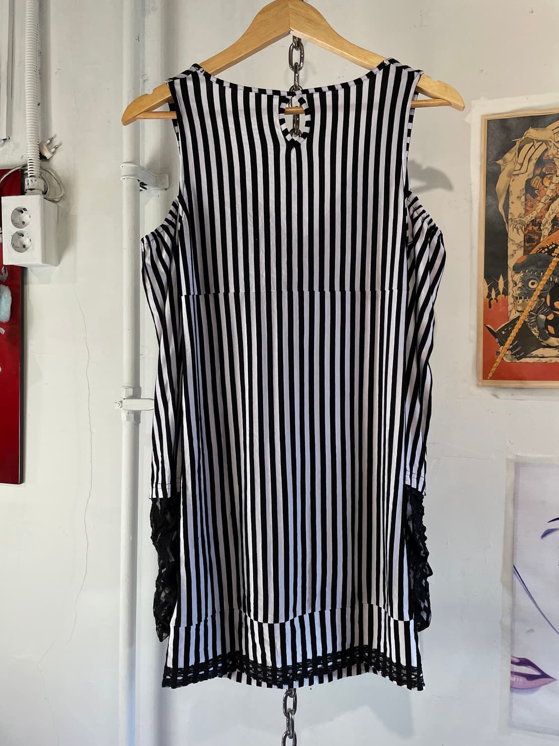 블랙 화이트 스트라이프 패턴 레이스 셔링 원피스 갸루 상품이미지7