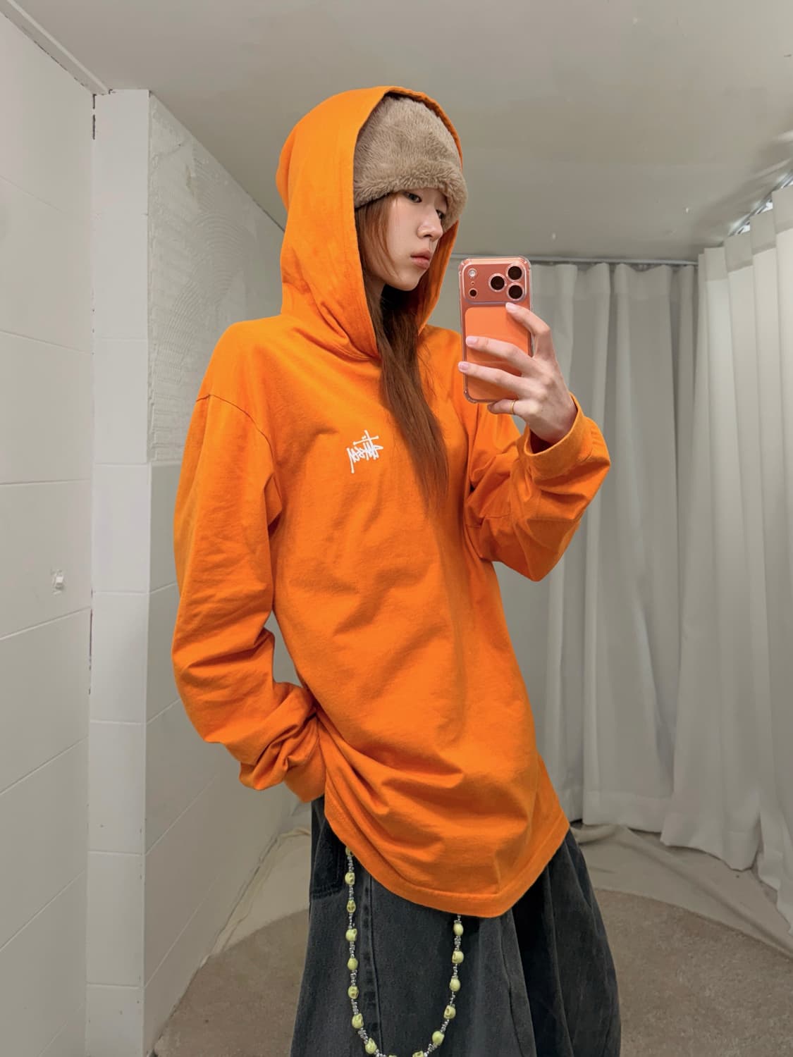 스투시 오렌지 코튼 오버핏 후드티 롱슬리브 상품이미지1