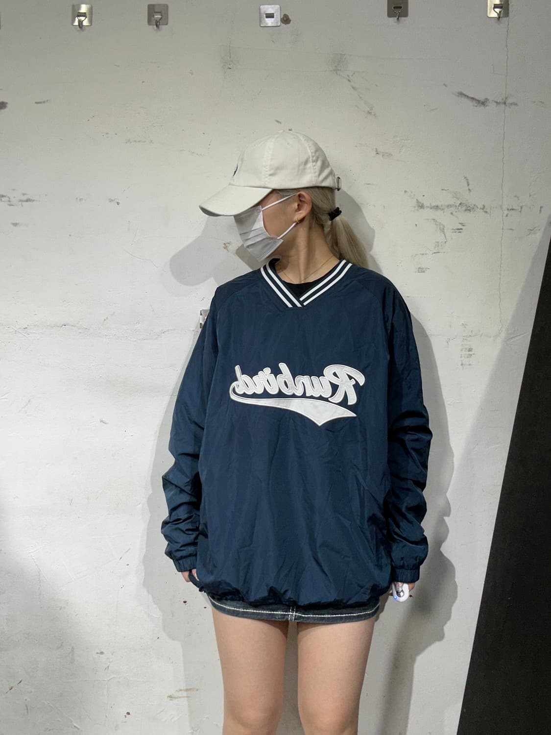 미즈노 빅 로고 네이비 화이트 올드스쿨 웜업 바람막이 긴팔티 XL 상품이미지2