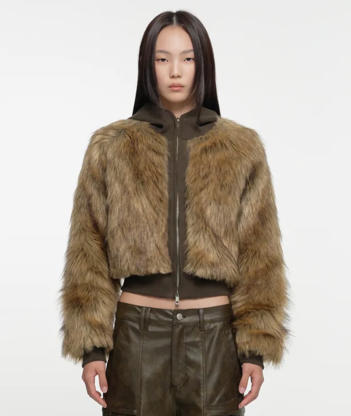 Nache HOODIE CROP FUR JACKET KHAKI BROWN 상품이미지1