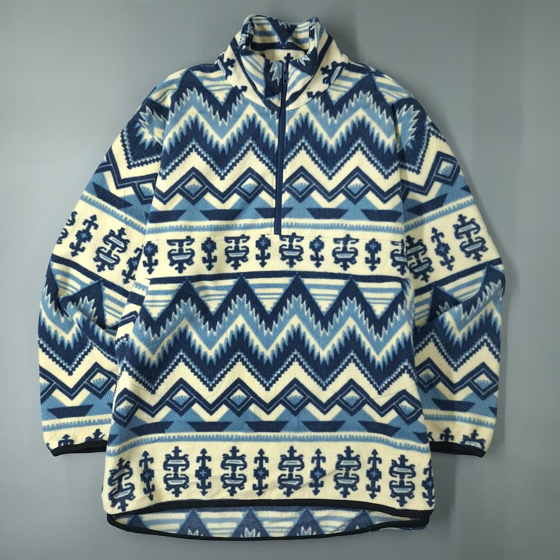 빈티지 JP 블루 스카이블루 화이트 배색 에스닉패턴 아노락 플리스 후리스 상품이미지3