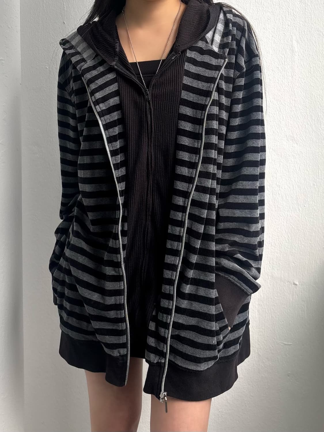 Japanese Vintage Grey Stripe Hood Zip-Up 상품이미지2