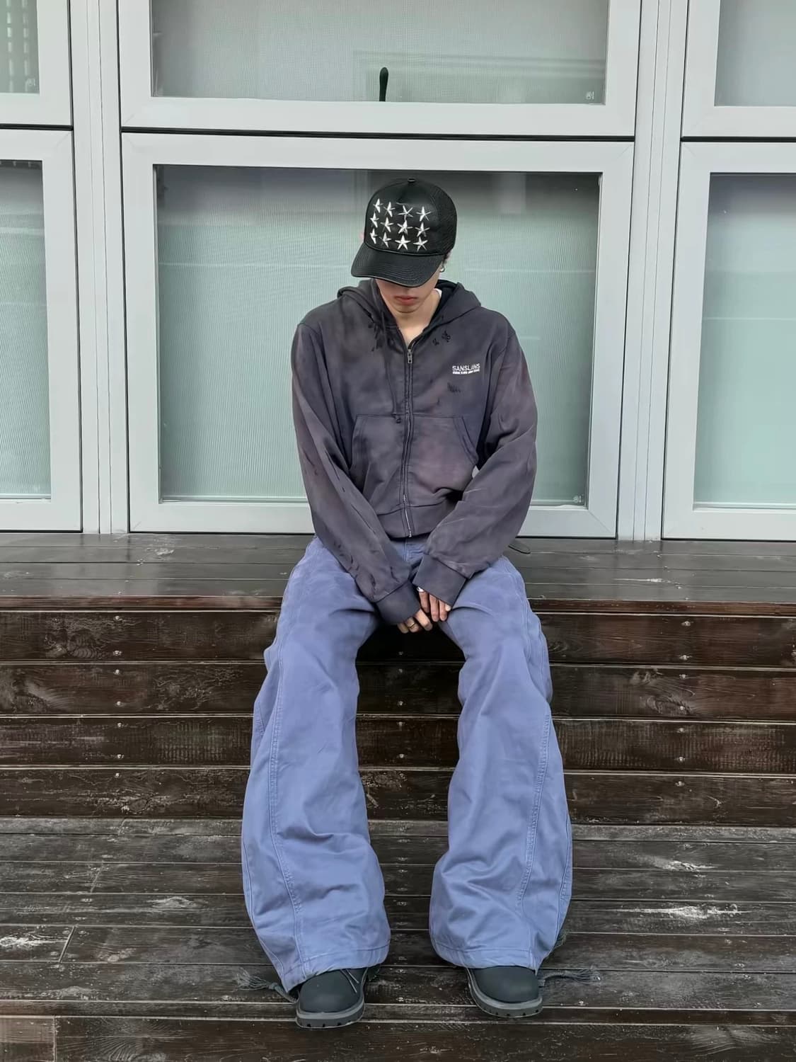 Back check blue cotton pants  상품이미지4