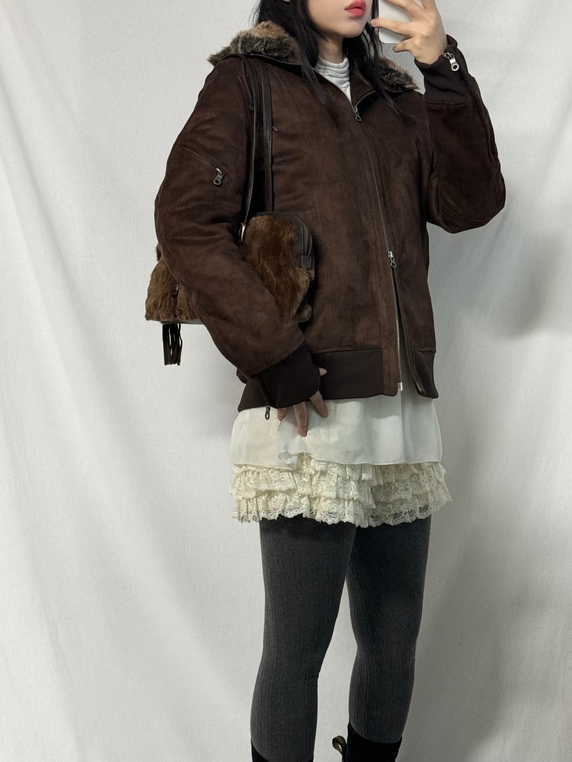 퍼 후드 스웨이드 지퍼 슬리브 윈터 자켓 상품이미지6